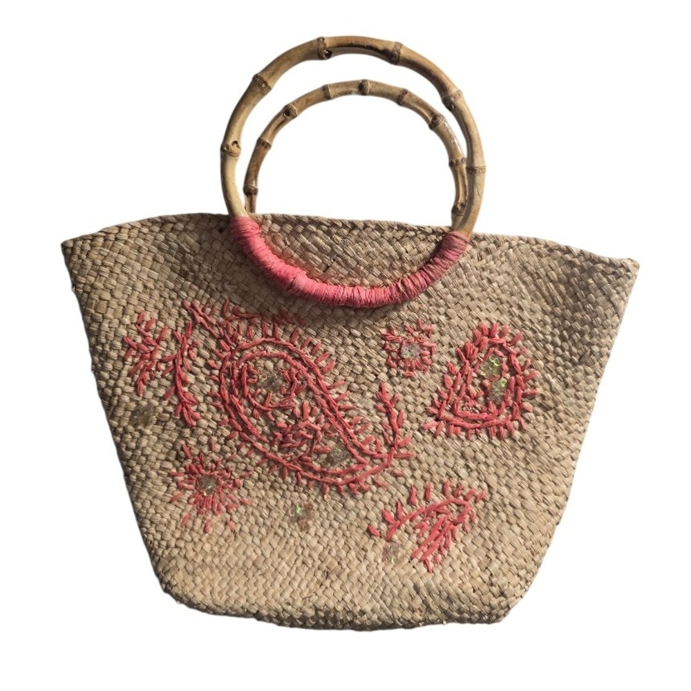 Woven Straw Tote Bag Womens OS Tan Pink Paisley Bamboo Embroidered Boho Coastal‎